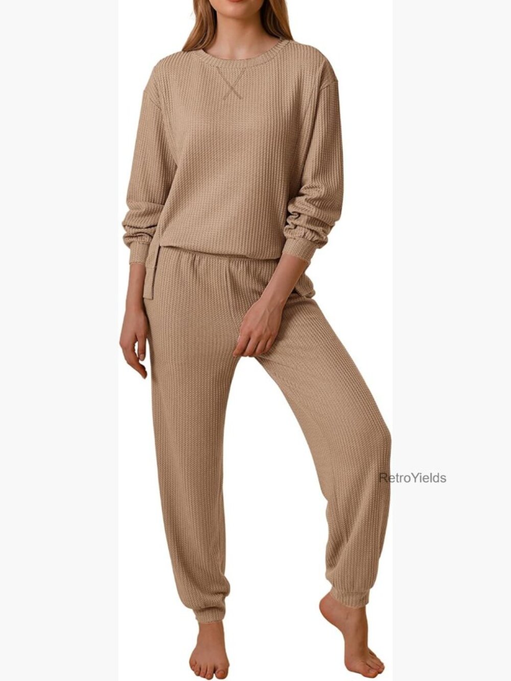 Waffle Knit Lounge Set Women Long Sleeve Pajama Set with Pockets 2 Piece Outfit